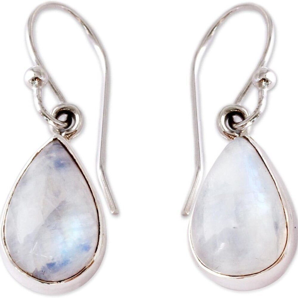 Rainbow Moonstone and .925 Sterling Silver Dangle Teardrop Earrings, Luminous Li